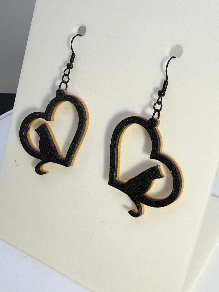 Heart with Cat Earrings - two tone