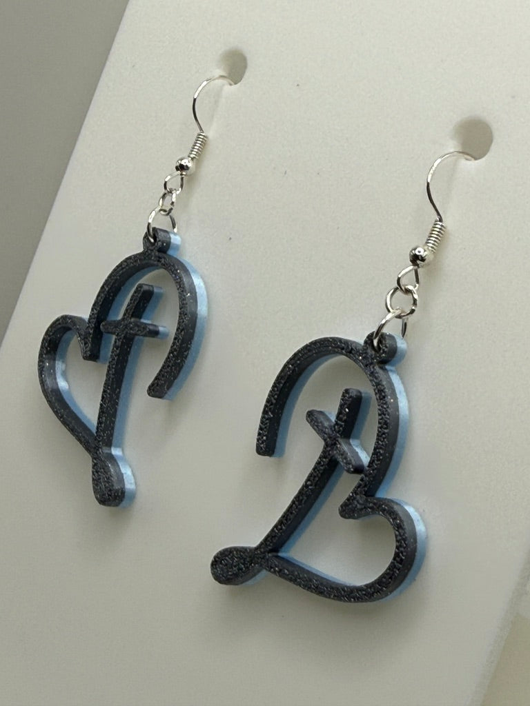 Heart with Cross Earrings - two tone SILK COLORS
