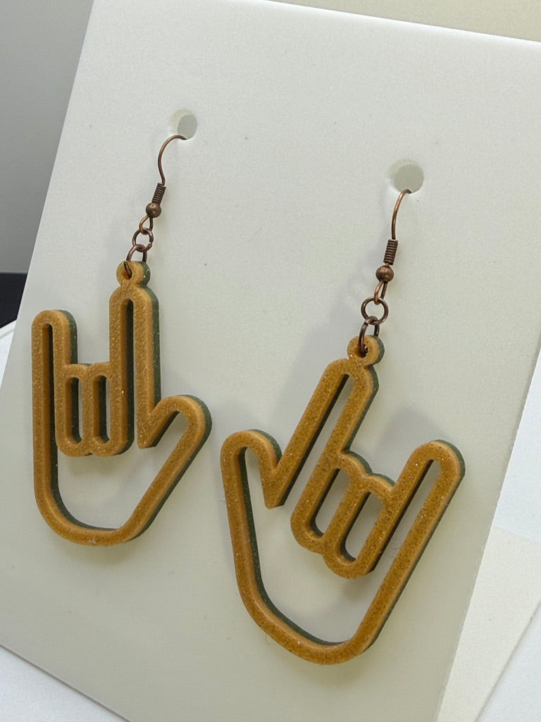 ASL I LOVE YOU Hand Shape Earrings - two tone BASIC COLORS