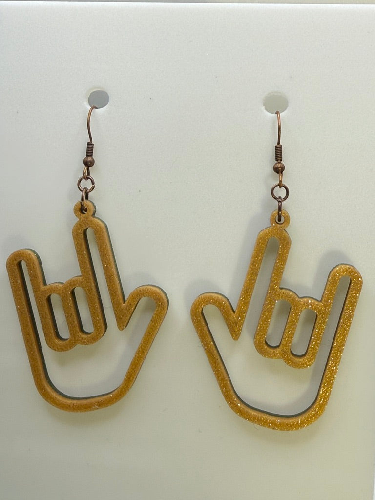 ASL I LOVE YOU Hand Shape Earrings - two tone BASIC COLORS