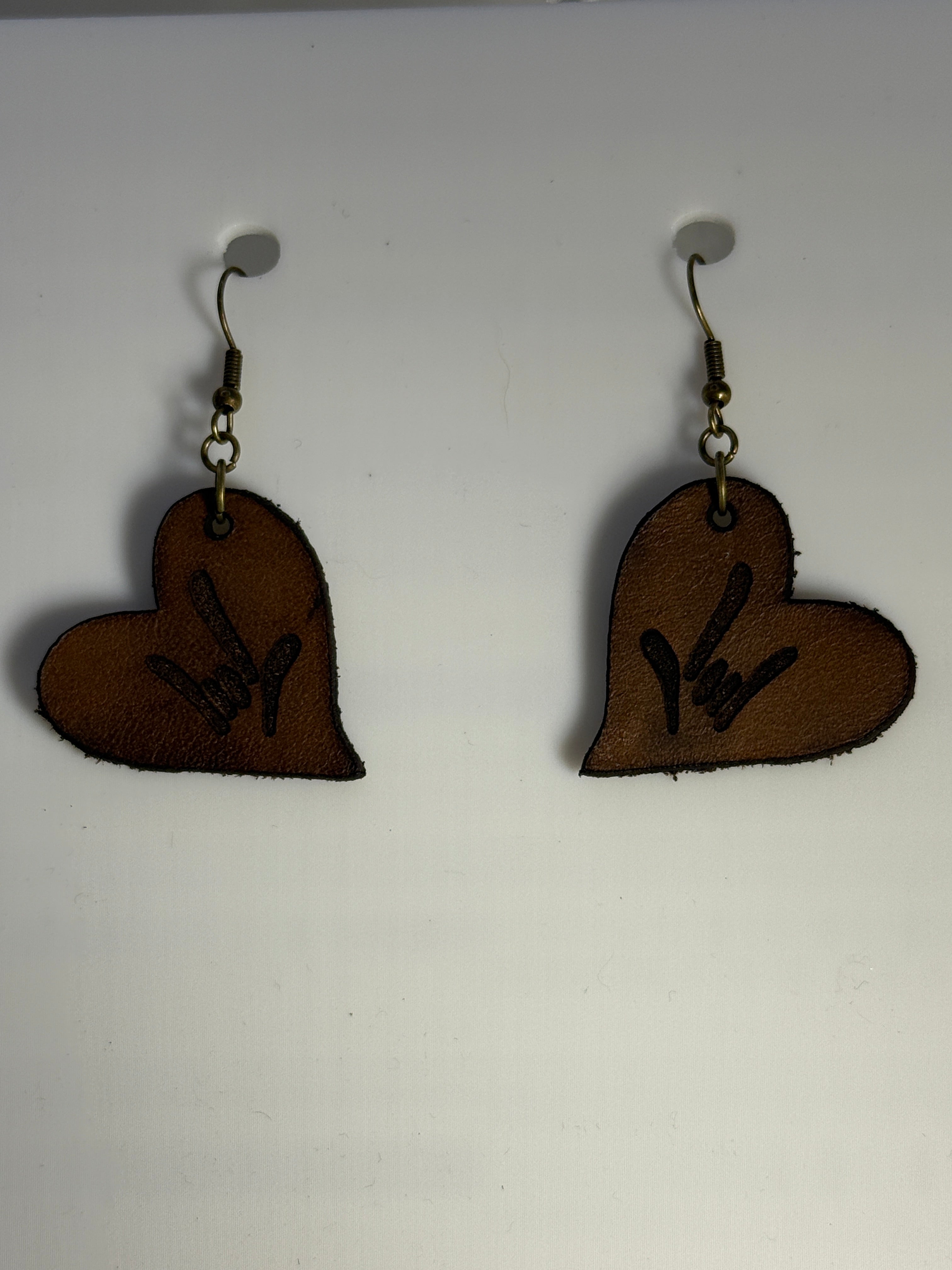 Brown Leather Heart Earrings with ILY hand