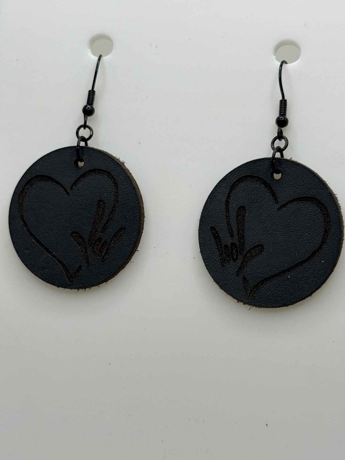 Charcoal Leather Earrings with Heart and I LOVE YOU hand shape