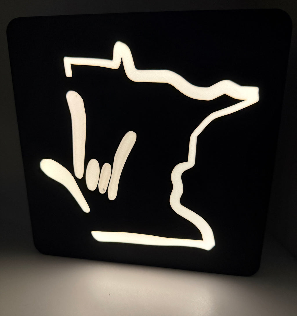 Table Top Light Box with the Outline of Minnesota and I LOVE YOU Hand Shape – Minimal Blemish