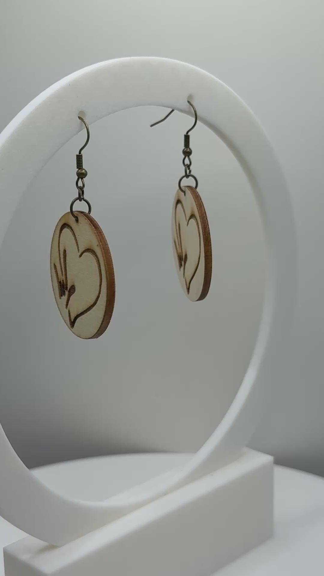 Wood Earring with outline of Heart and I LOVE YOU hand shape