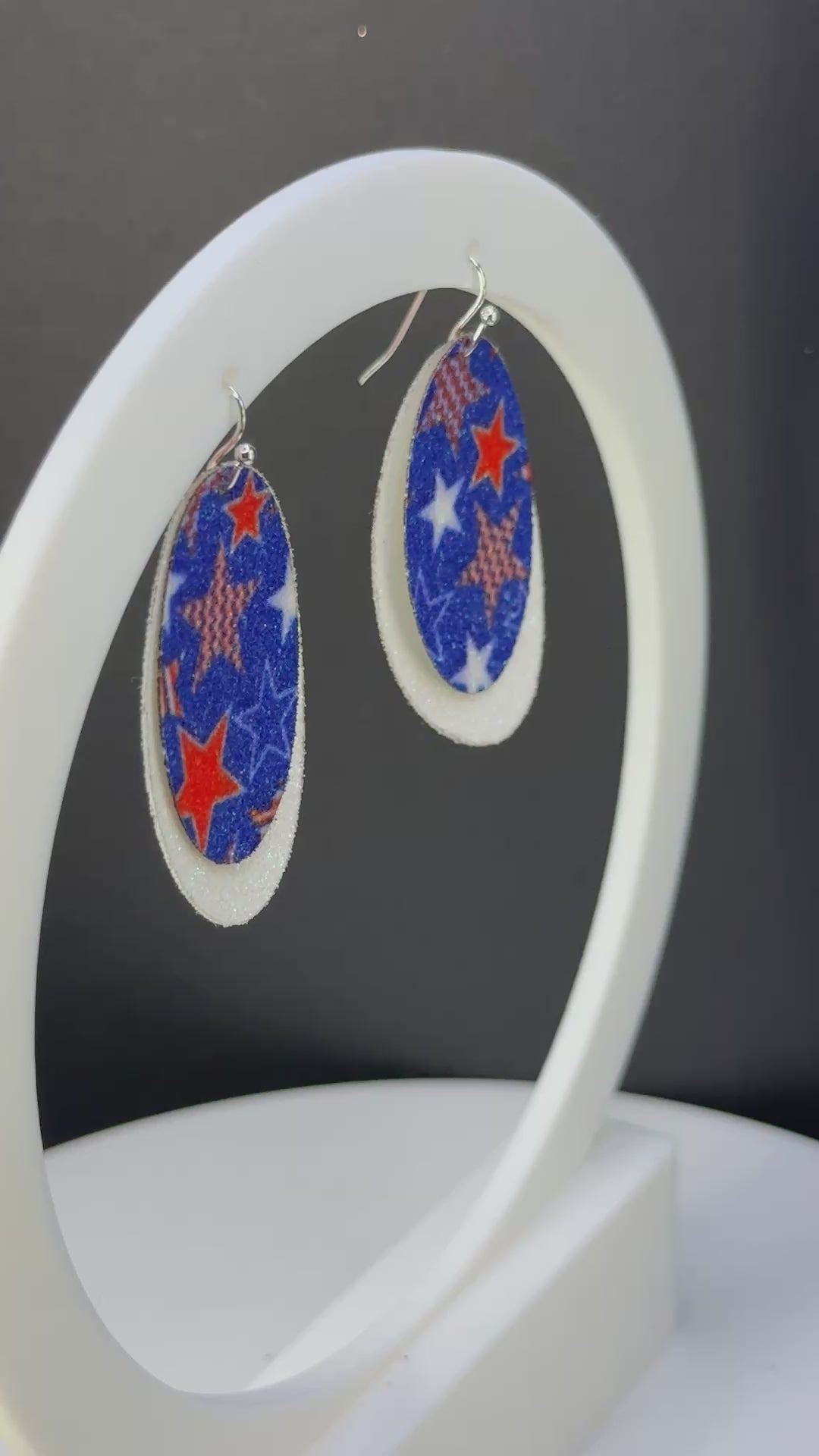 Glitter Stars of Red, White, and Blue with Dark Blue background on Solid Red, White, or Blue - Two Layer Earrings
