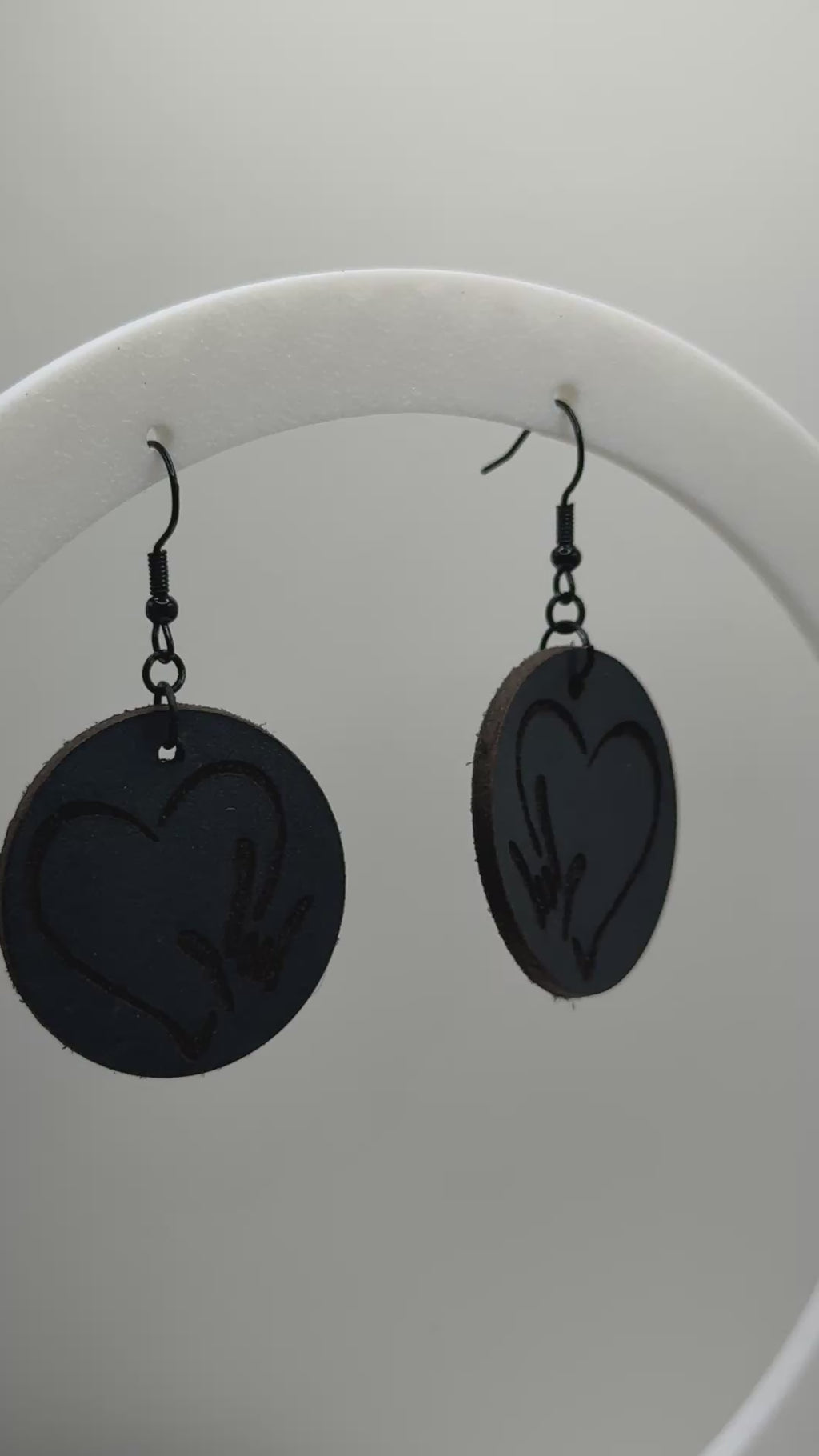 Charcoal Leather Earrings with Heart and I LOVE YOU hand shape