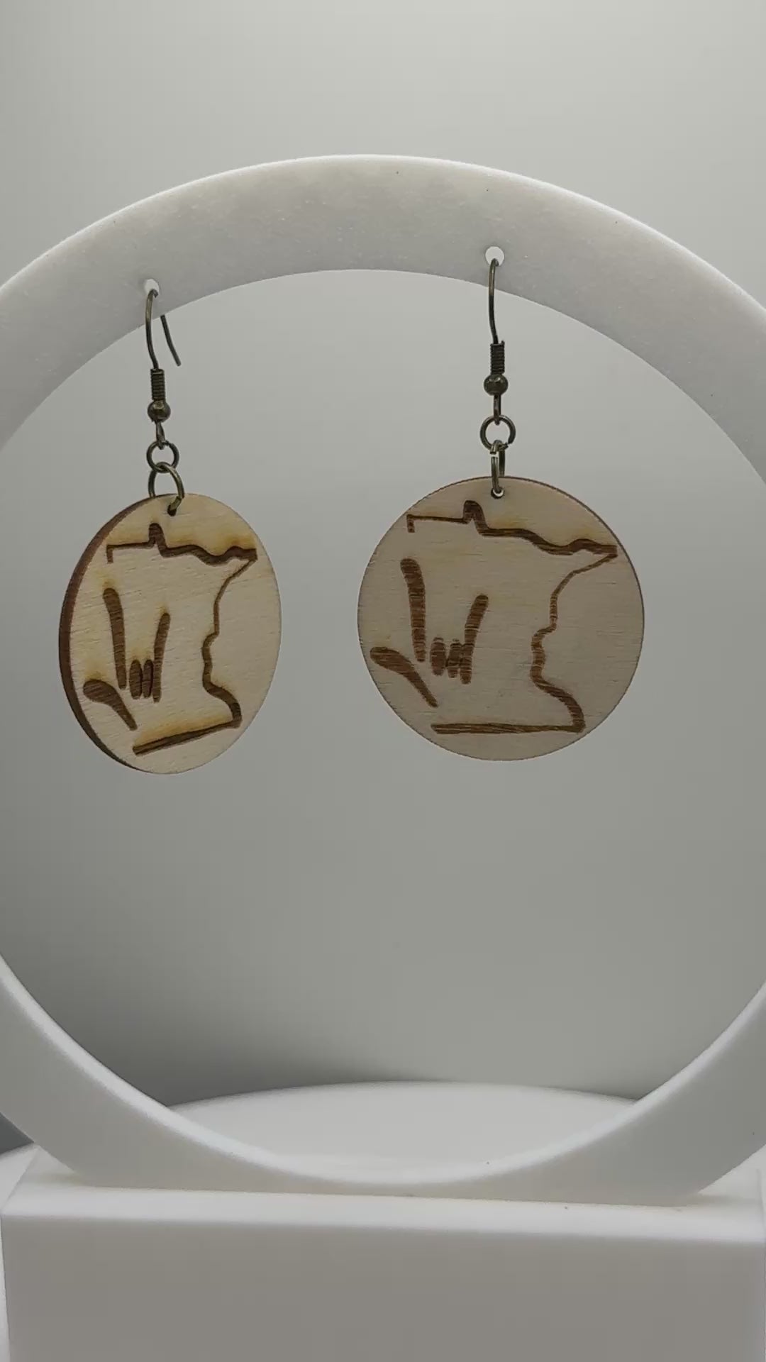 Wood Earring with outline of Minnesota and I LOVE YOU hand shape