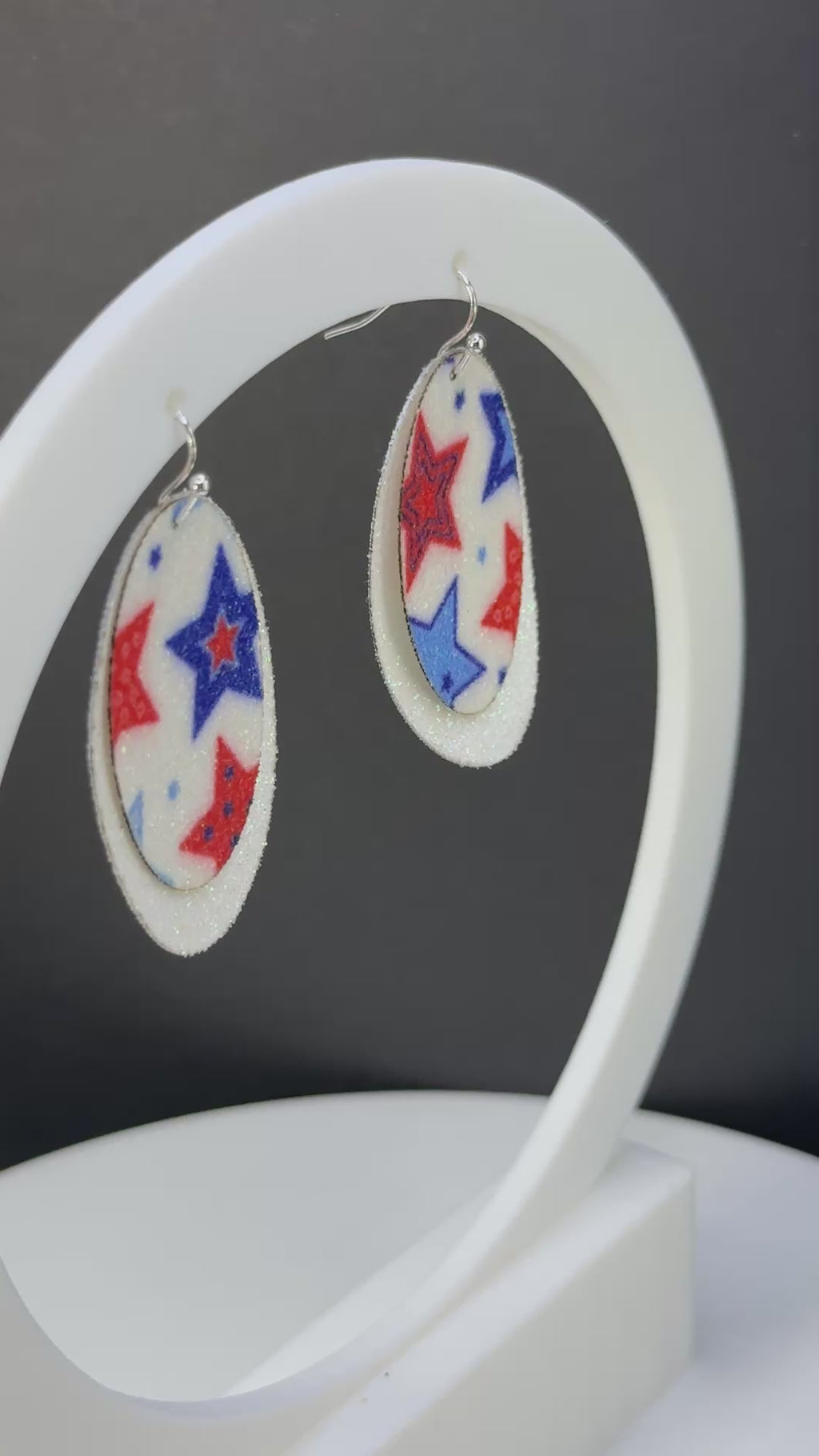 Glitter Stars of Red, White, and Blue with White Background on Solid Red, White, or Blue - Two Layer Earrings