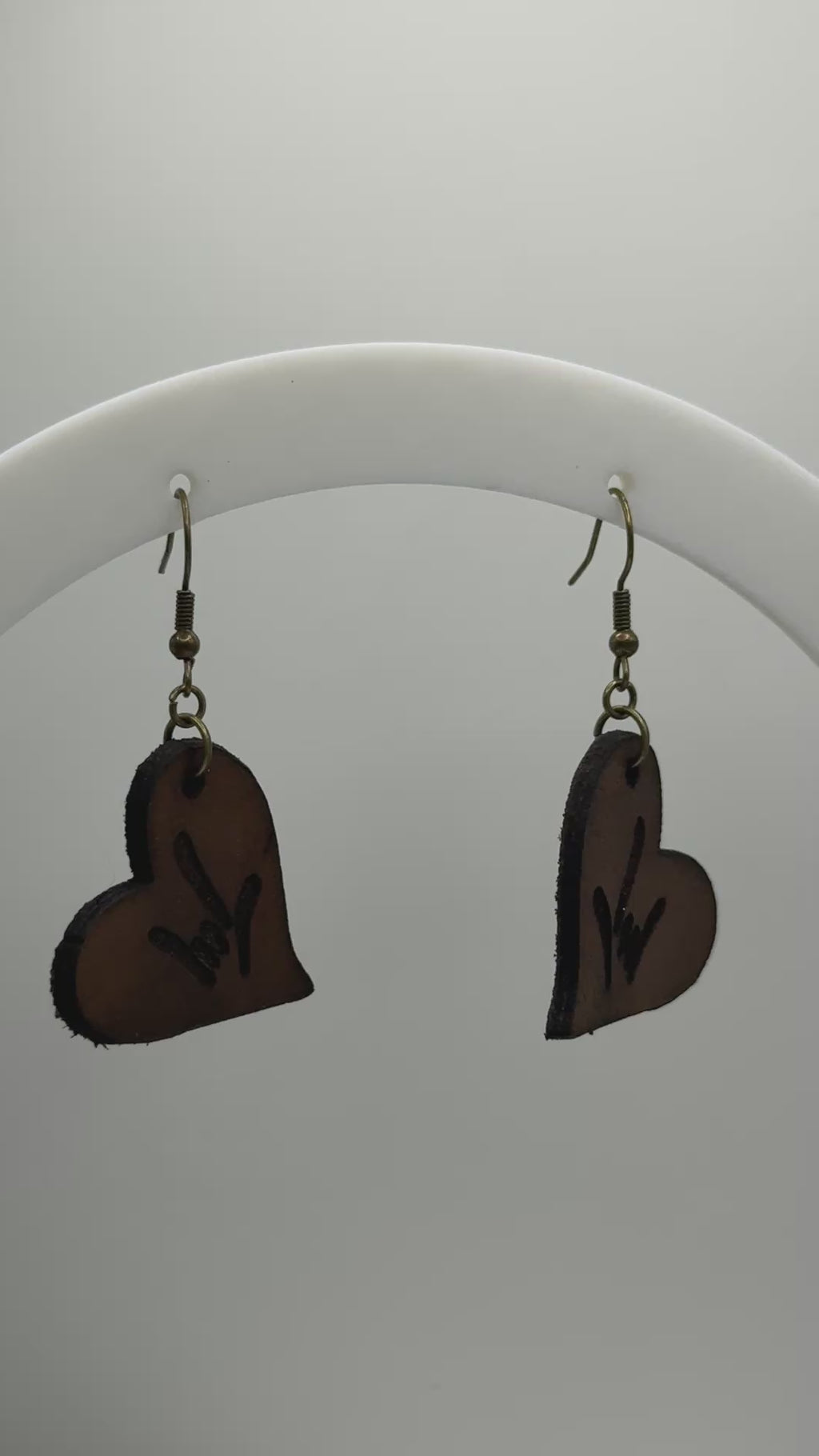 Brown Leather Heart Earrings with ILY hand
