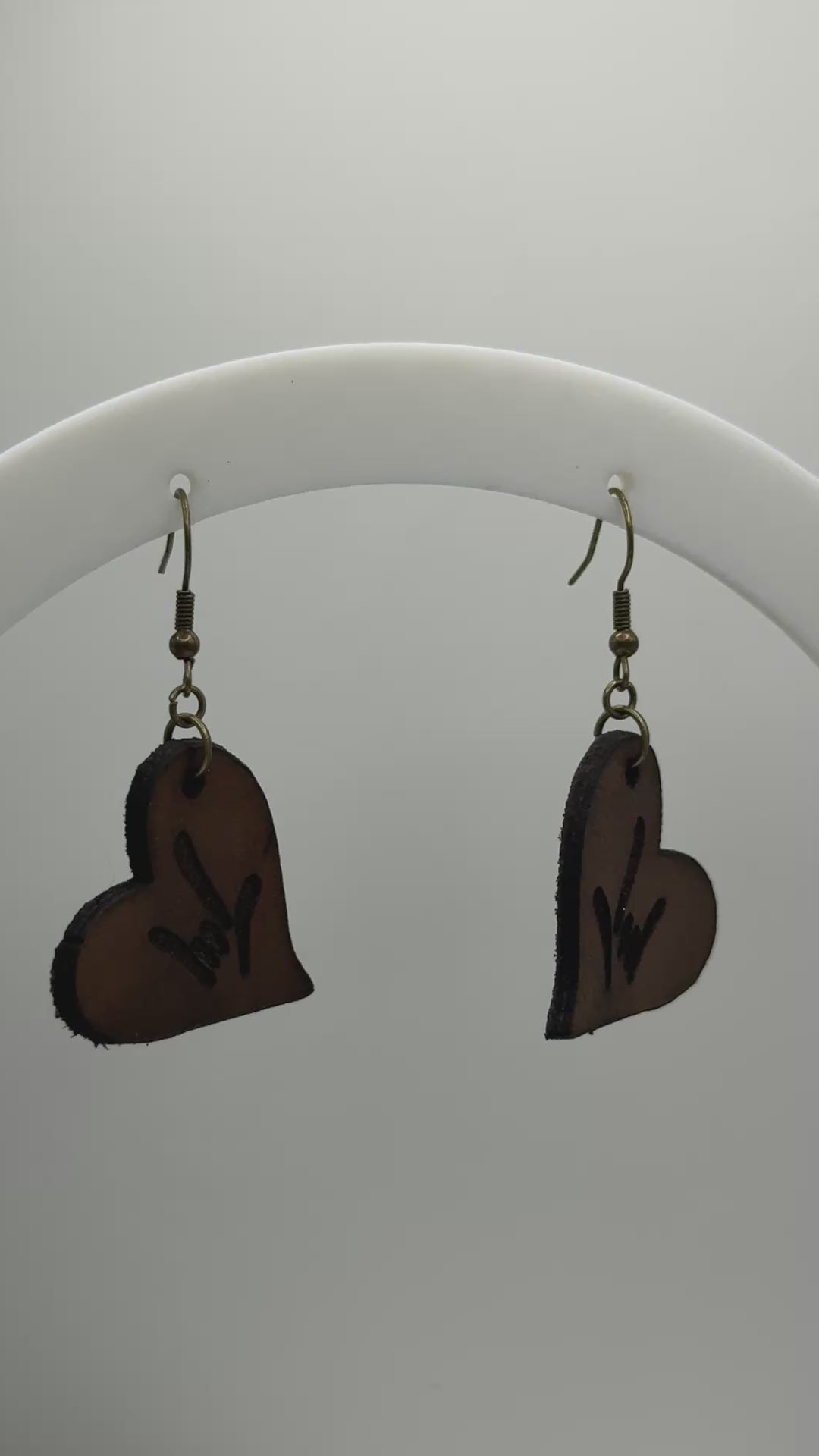 Brown Leather Heart Earrings with ILY hand