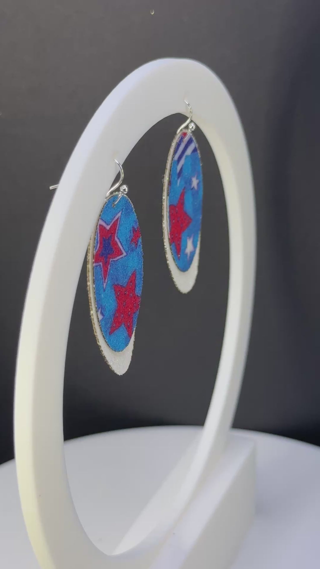 Glitter Stars of Red, White, and Blue with Light Blue Background on Solid Red, White, or Blue - Two Layer Earrings